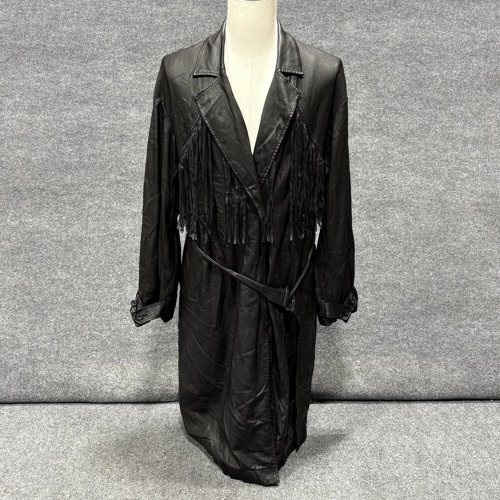 Jason Wu Coat Womens XXL Black Vegan Leather Fringe Belted Trench Long Tie Waist